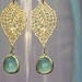 SALE chandelier Filigree paisley earrings. Gold earrings with framed and faceted sea green drop
