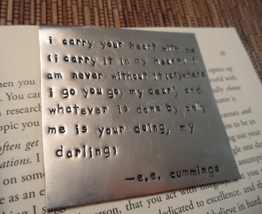 e.e. cummings hand stamped metal book marker