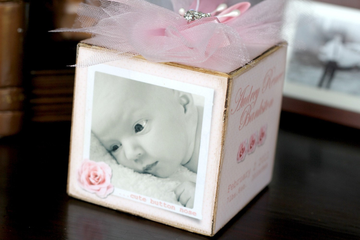 Buy announcements gifts invitations - Personalized Vintage Pink Birth Announcement Photo Block Gift