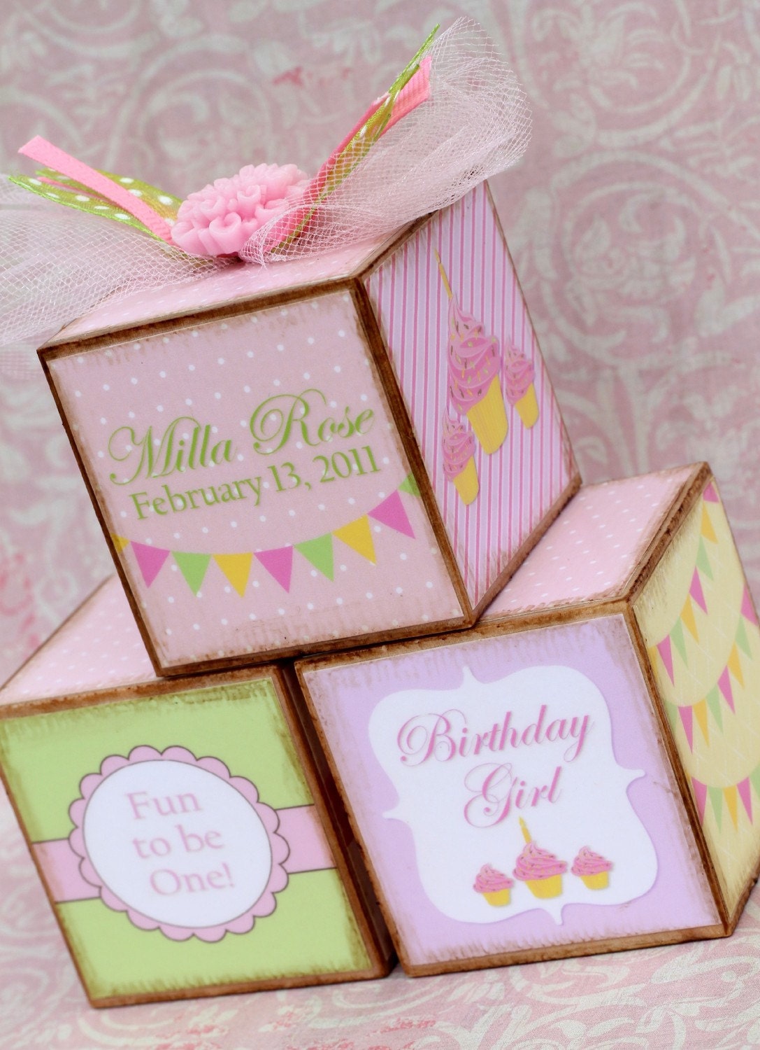 Personalized Vintage Pink First Birthday Photo Blocks Trio Gift
