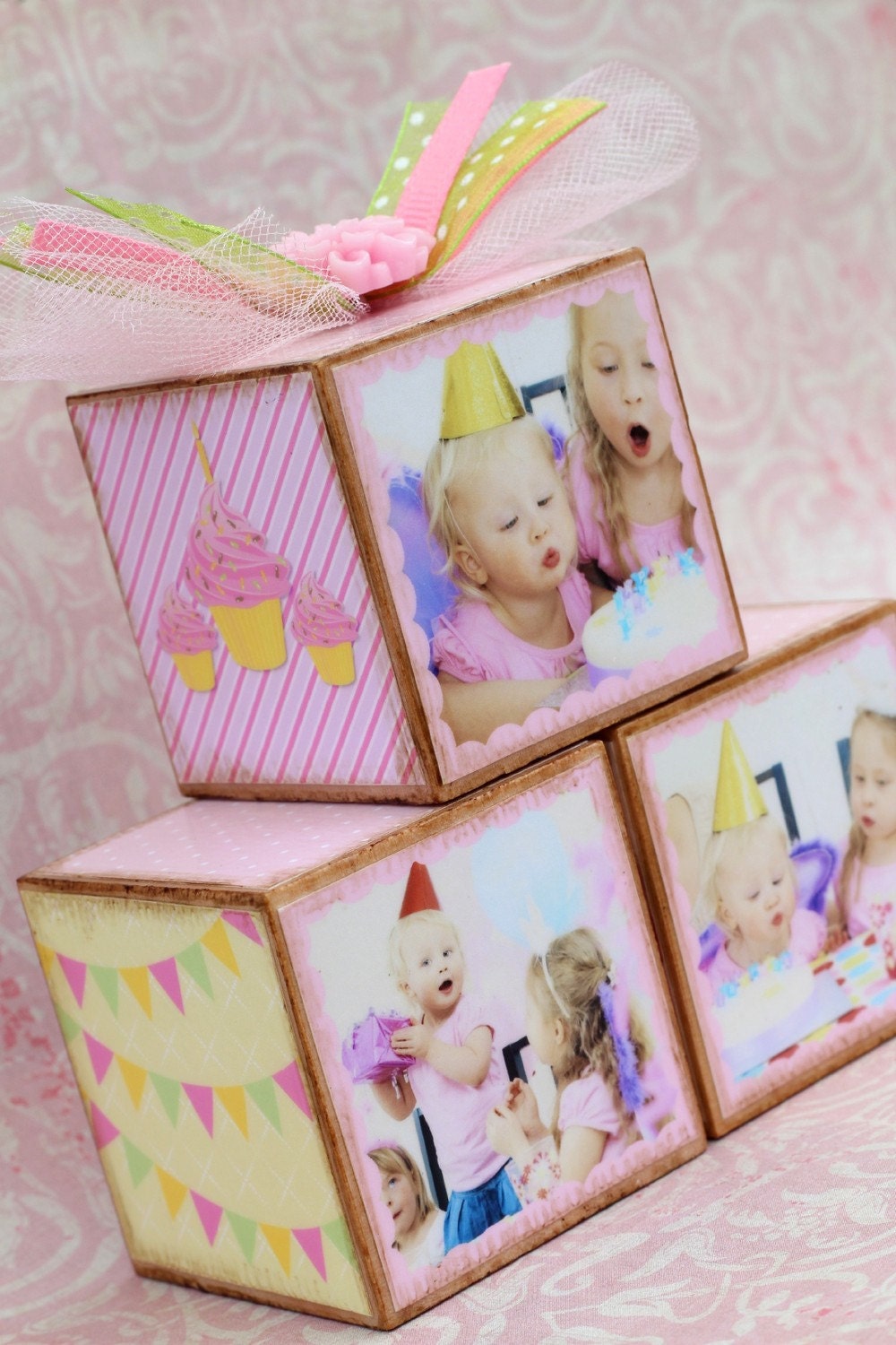 Personalized Vintage Pink First Birthday Photo Blocks Trio Gift
