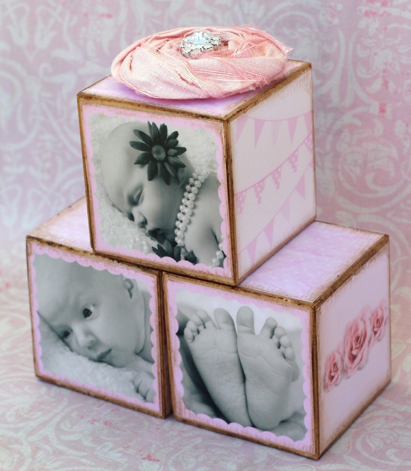 Personalized Vintage Pink Birth Announcement Photo Blocks Trio Gift