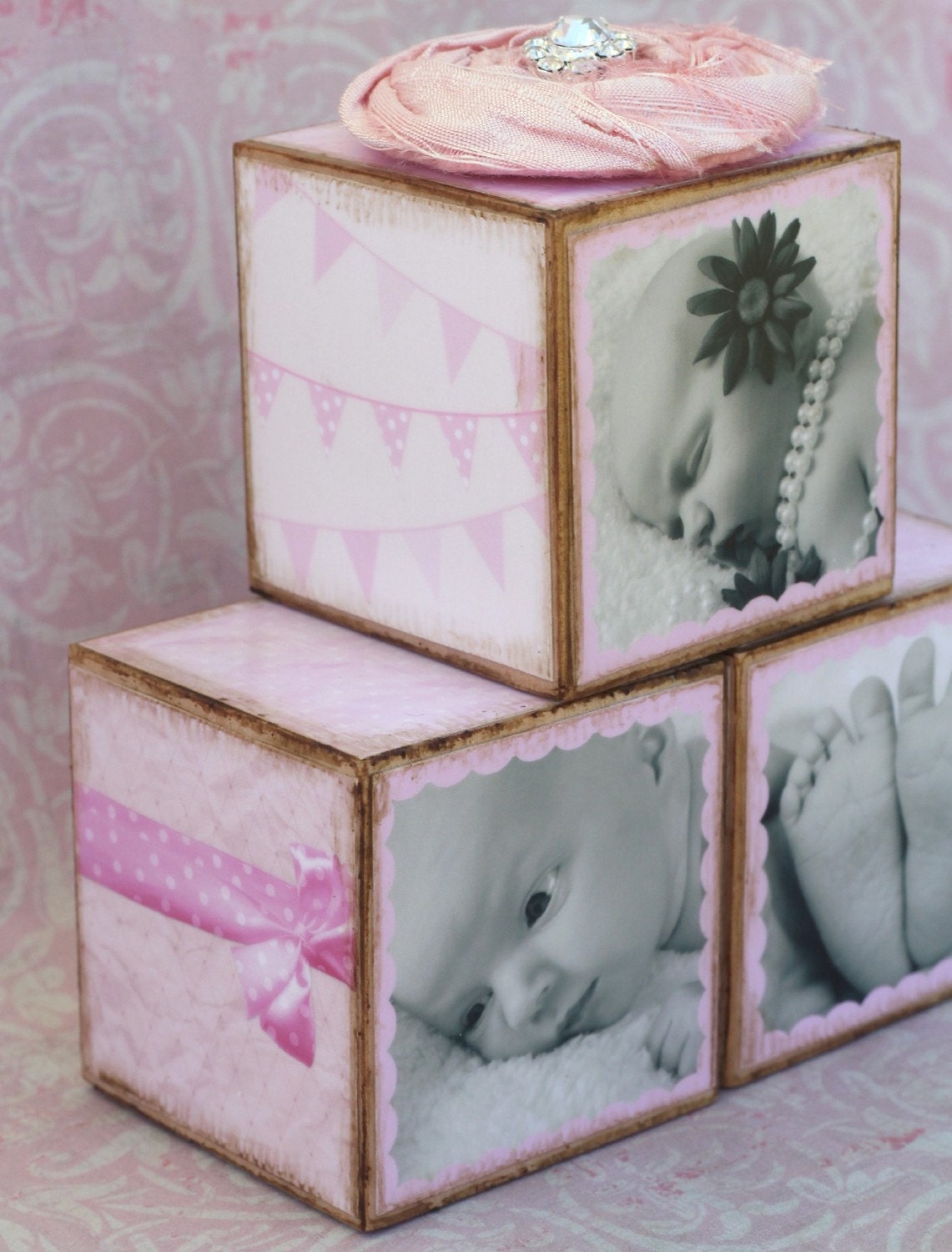 Personalized Vintage Pink Birth Announcement Photo Blocks Trio Gift