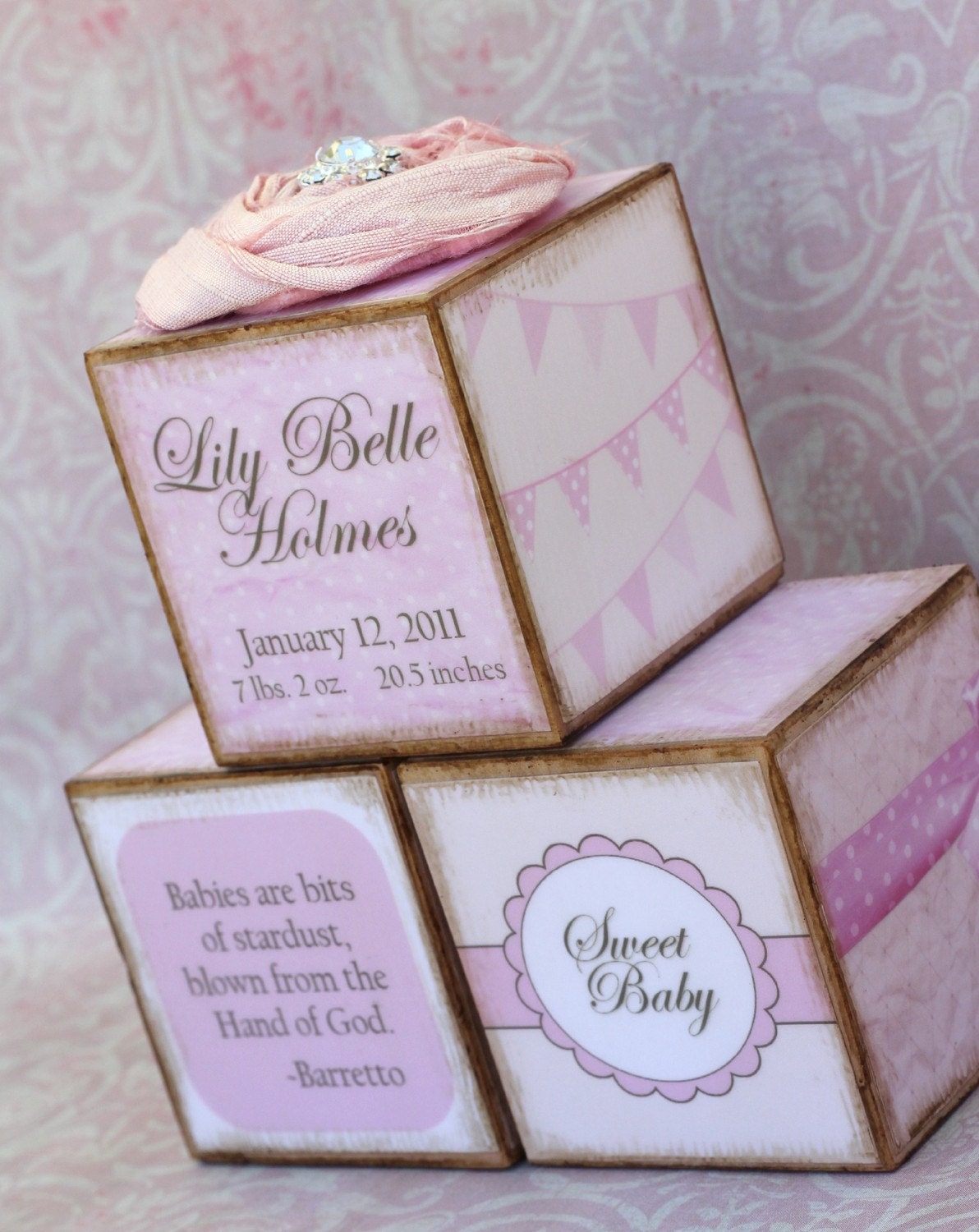 Personalized Vintage Pink Birth Announcement Photo Blocks Trio Gift