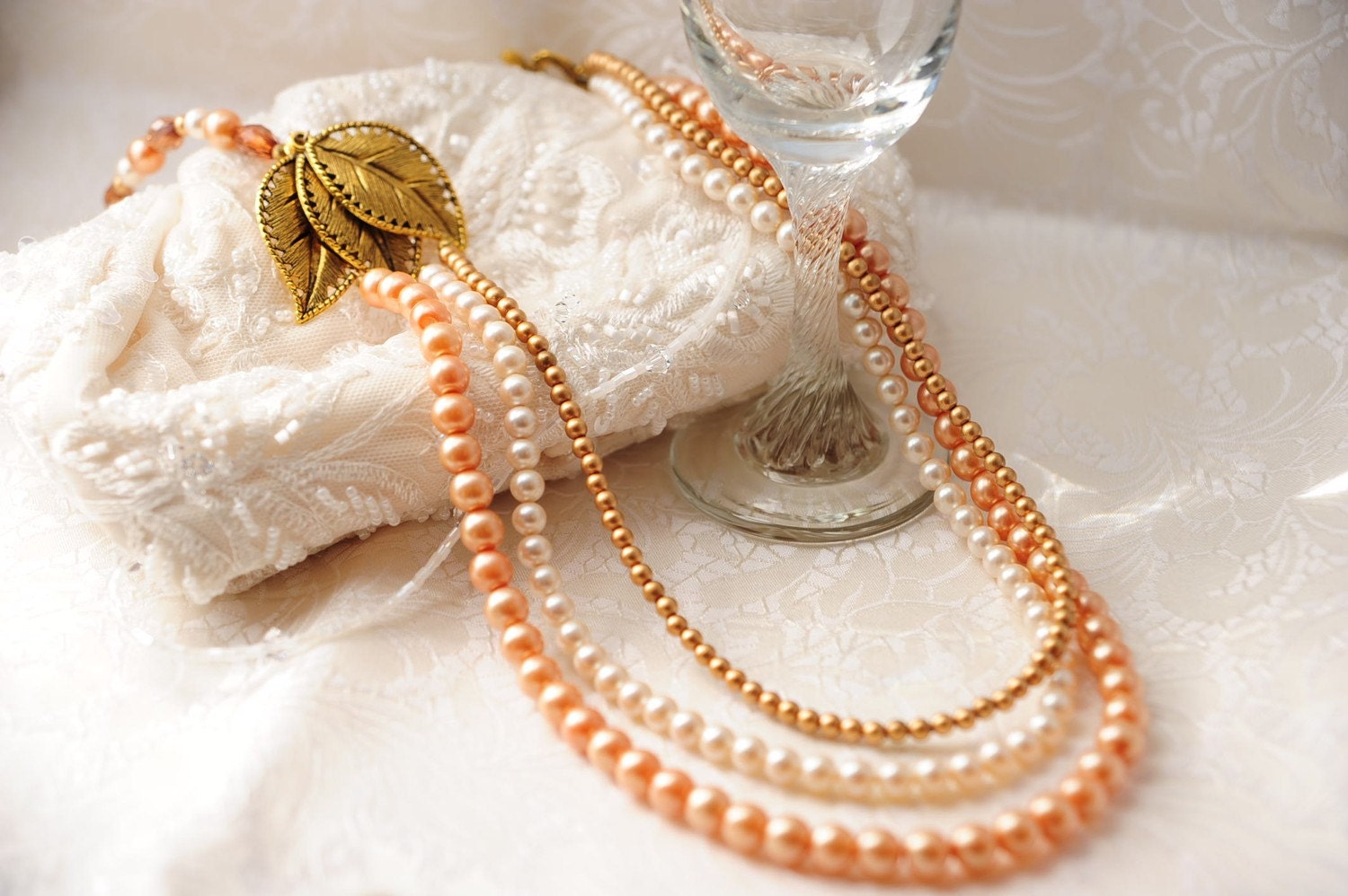 Vintage pearls, 3 strand necklace in peach, cream, and gold, with butterfly clasp, wedding