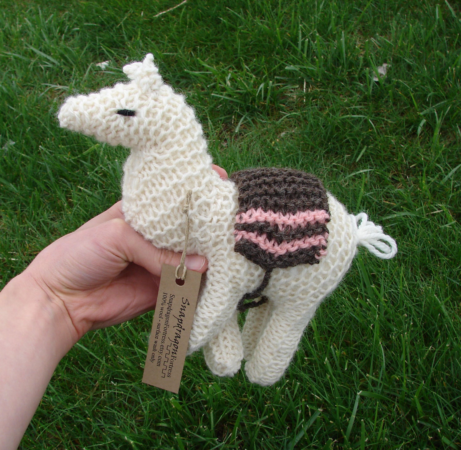 Llama, wool toy - knit natural toy llama, alpaca stuffed animal - white, pink, brown