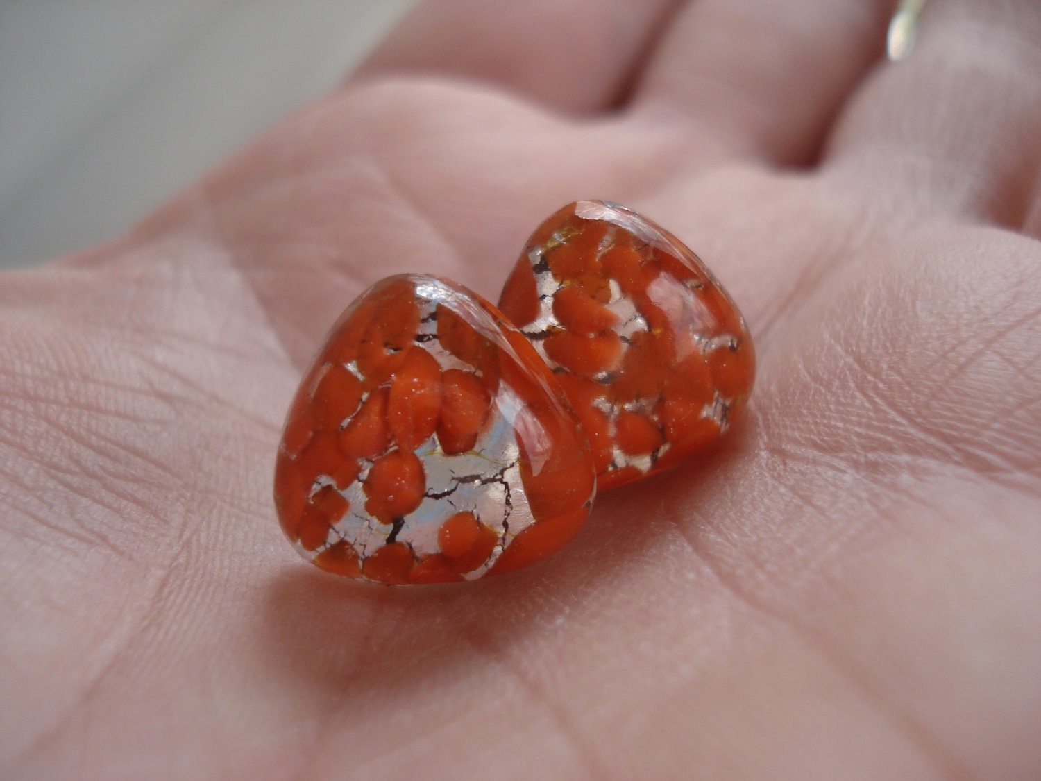 Vintage Glass Cabochon Frosted Orange Opal Frosted Stud Pierced Earrings