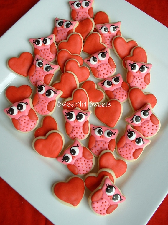 Owl cookies and Hearts - Valentine Cookies - 2 dozen mini cookies - FEATURED on Etsy Finds