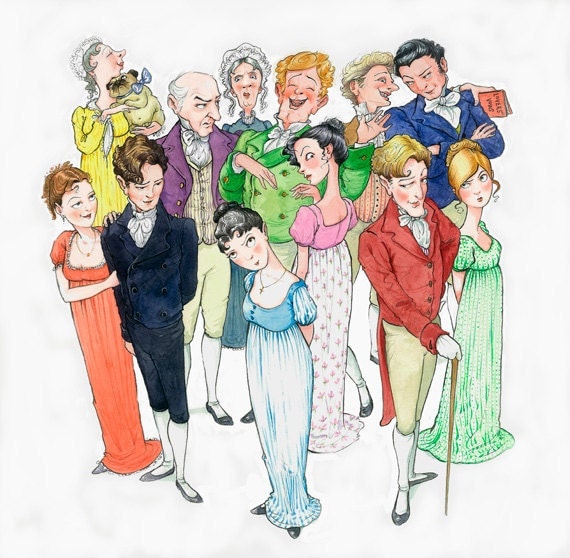 Jane Austen, 'Mansfield Park' cast of characters SMALL illustration print