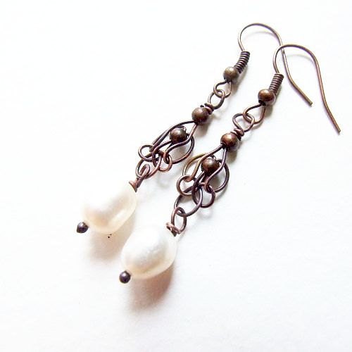 classy pearl earrings - delicate wire wrapped copper earrings with freshwater pearls