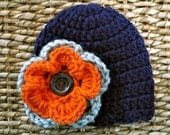 Crocheted Baby Hat 0 - 3 Months - Navy Blue With Gray & Pumpkin Double Pansy Flower