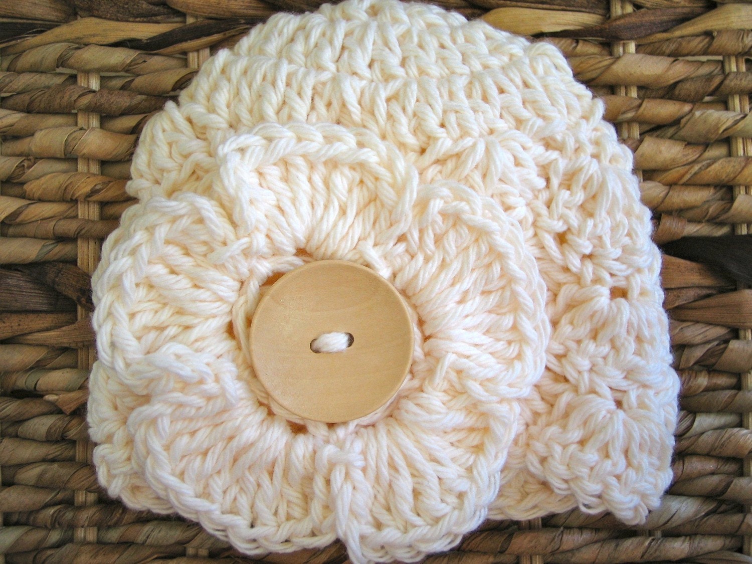 Crocheted 100% Cotton Baby Flower Cap - Newborn -  Off-white