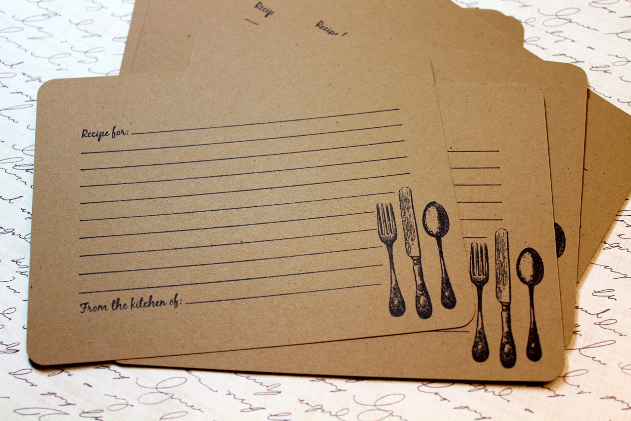 Set of 10 Vintage Inspired Kraft Recipe Cards - Victorian Utensils