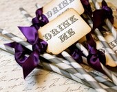 DRINK ME Gray & White Barber Pole Straws and Tags - Set of 12 - You Choose Ribbon Color