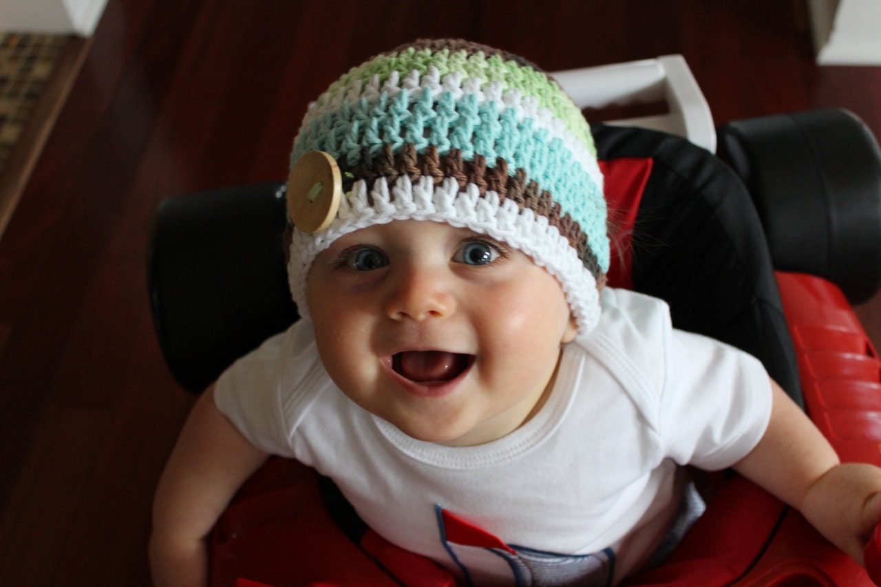 Crocheted Cotton Button Hat - NEWBORN - White/Brown/Turquoise/Lime Green