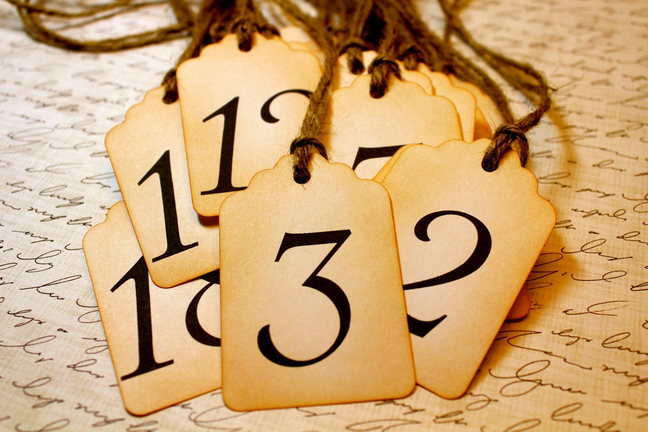 Vintage Inspired Table Number Tags - NUMBERS 1-10 Your Choice of Ribbon Color or Jute