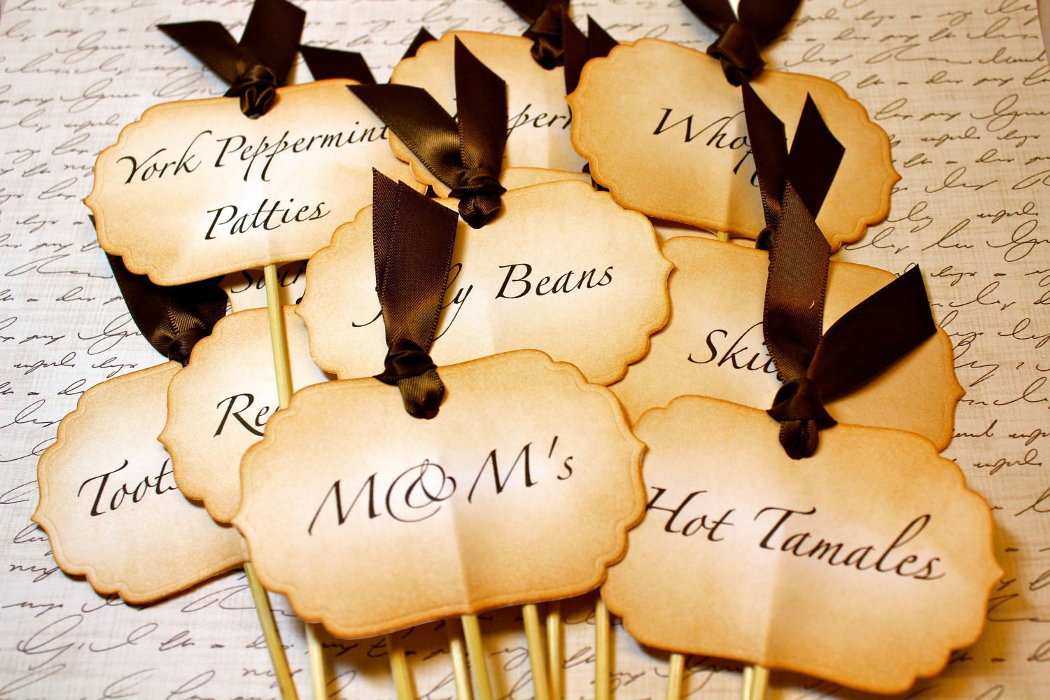 Vintage Inspired Candy Buffet Labels on Skewers - Set of  5 You Choose Ribbon Color