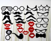 Mustache On A Stick Photo Booth Mask Prop for Wedding Partys 30 Piece Set -  Lips, Glasses, Pirate Eye Patch , Bow Tie , Pipe