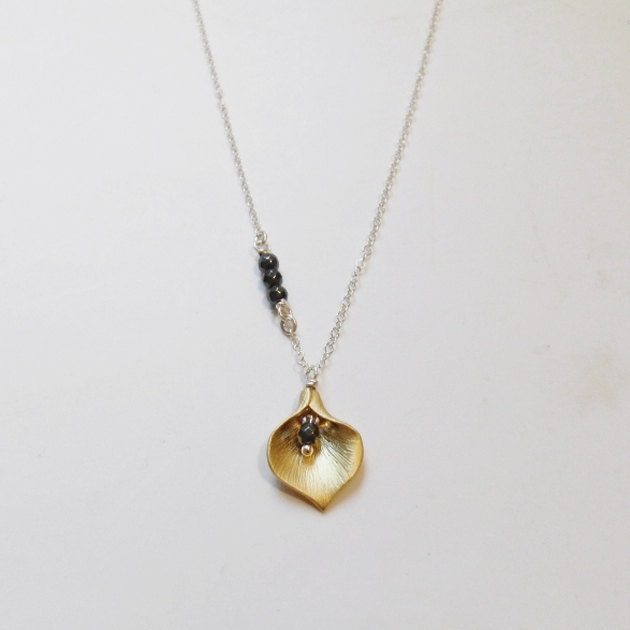 Gold calla lily (necklace) - 14k gold plated calla lily with shiny dark gray hematite on sterling silver