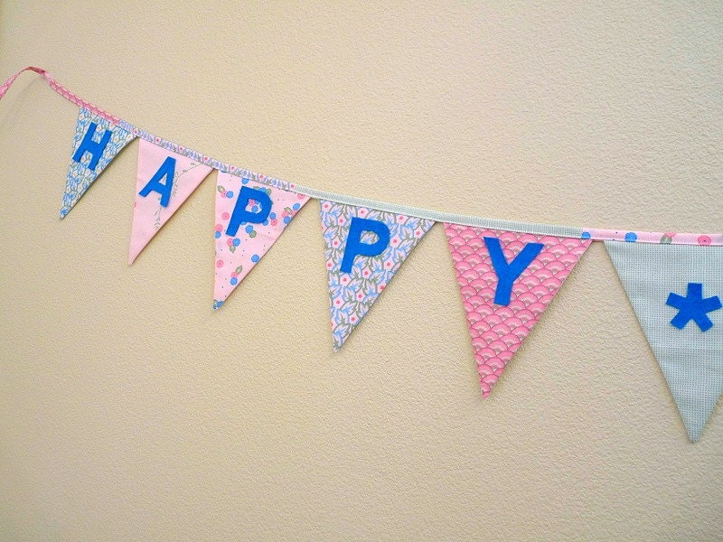 Happy Birthday fabric garland - Blue and pink - 3 yds