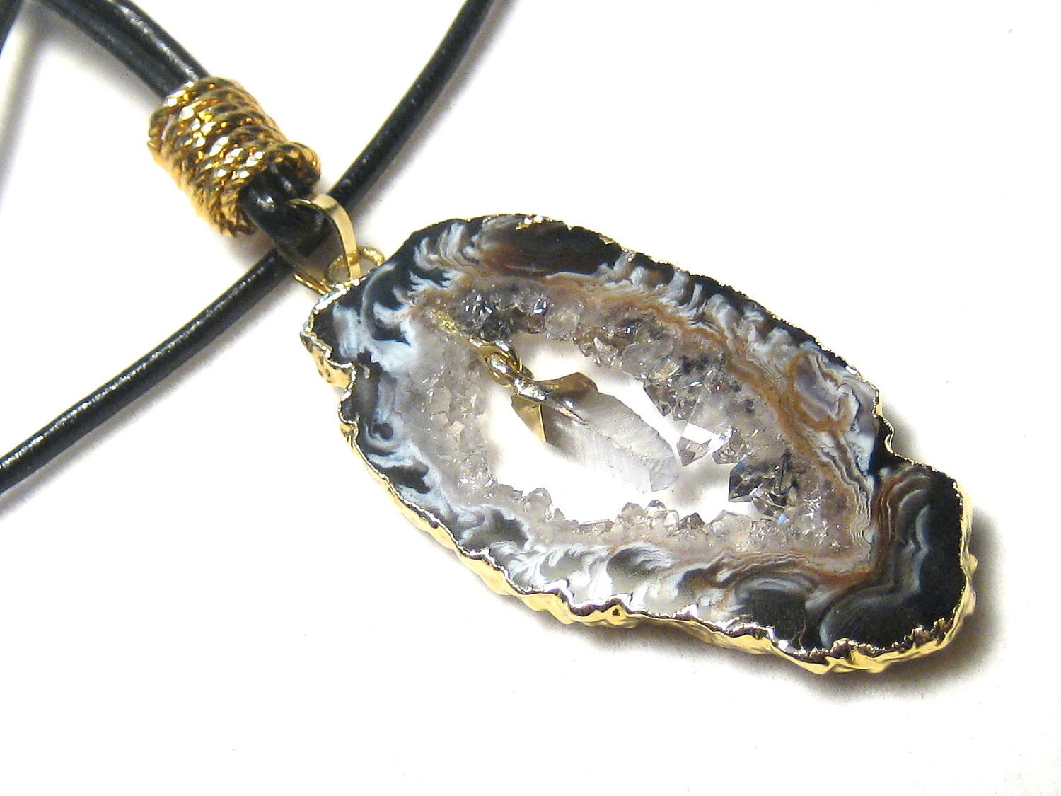 Black Agate Crystal Geode Pendant Leather Necklace