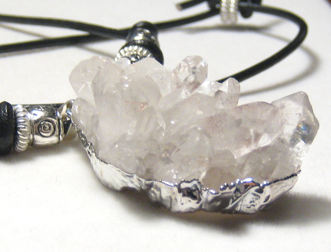 Crystal Quartz Cluster Pendant Leather Necklace