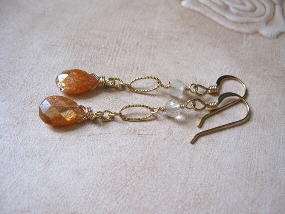 Sunstone & Moonstone, Gold Earrings