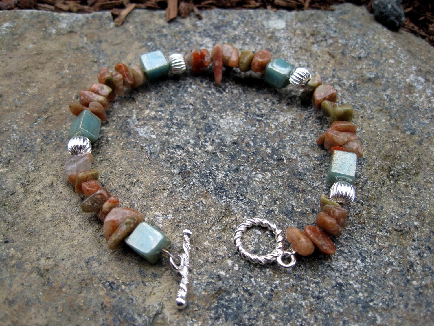 China Unikite Stone Chip Bracelet - Earthy Sea Green Hand Pressed Artisan Glass - Silver Metal Bracelet - by StellaLissa Jewelry