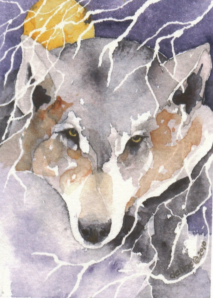 Aceo wolf FULL MOON watercolor giclee PRINT - Free Shipping