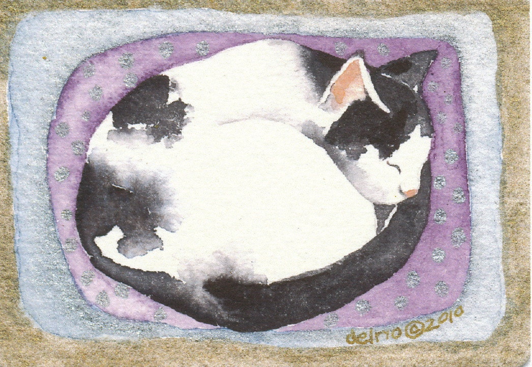 Aceo PRINT watercolor giclee SLEEPING CAT lavender dreams - Free Shipping