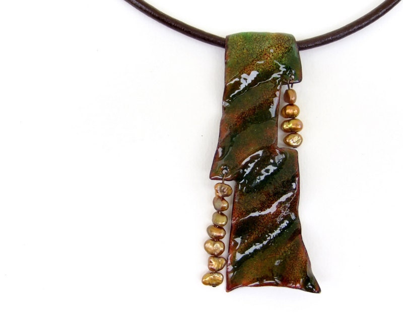 Enamel pendant necklace. Green olive green brown. Copper and pearls. OOAK. by Alery - alery