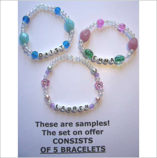 Gifts for Girls Handcrafted Set of 5 NAME bracelets for girls- Party Bags, party favors, party favours, , pink, letter bracelets,  jewellry