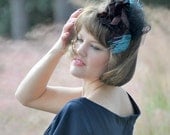 Bridal Headpiece- Isabella Flower & Feather design in Eggplant, Black  and Dark Turquoise Jewel Tones