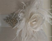 Ivory Bridal Sash-Emma Feather & Flower Sash with Rhinestones and Pearl Beading