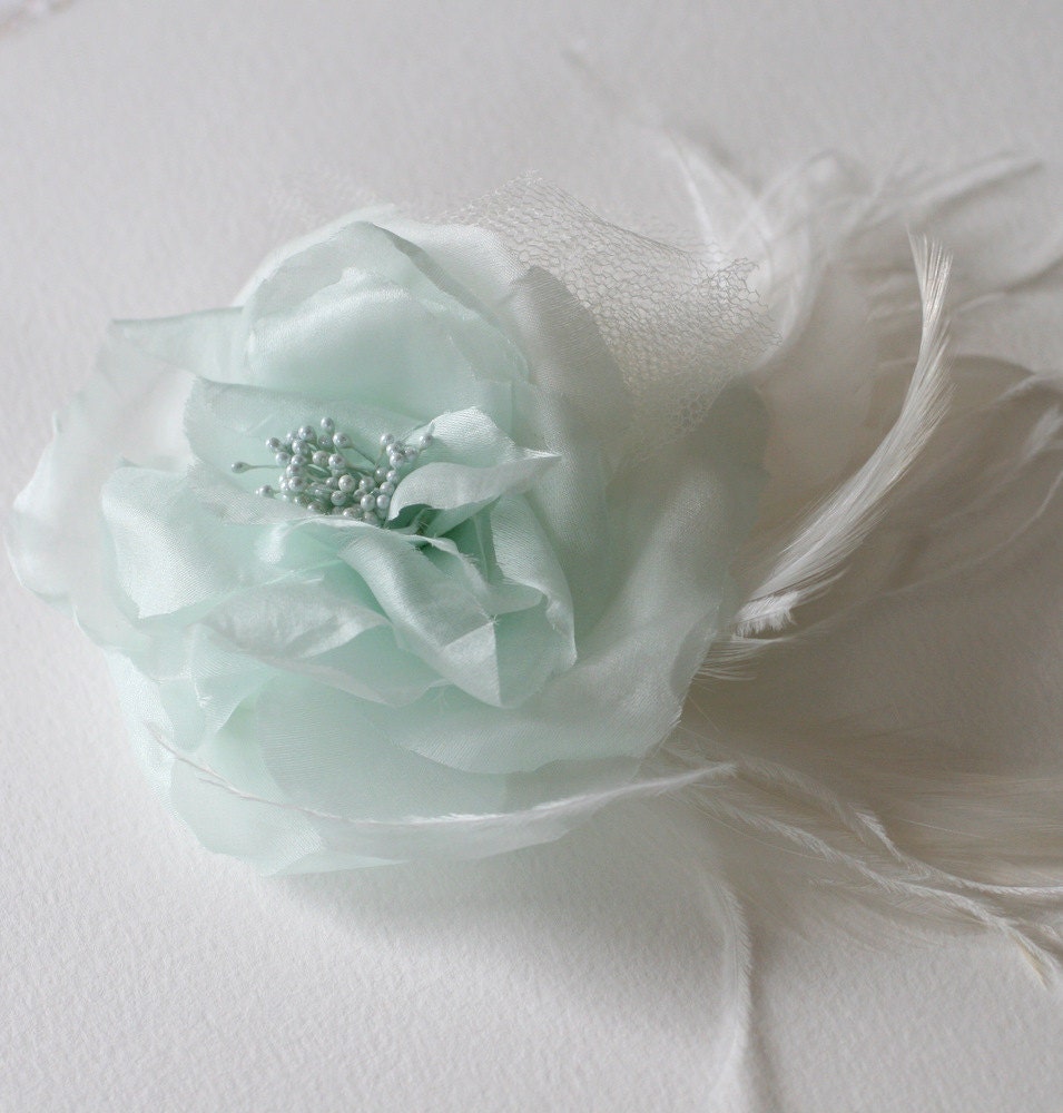 Bridal Hair Flower- Handmade Pale Mint Green Garden Rose, Vintage Stamens, French Silk Tulle and Handcurled Feathers