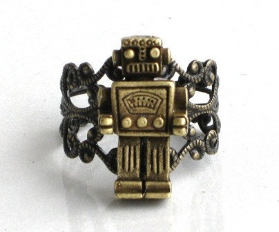 MR ROBOT Ring - Antique Brass Bronze - Filigree Setting - Miniture Toy Robot - Steampunk - Retro - Geekery - By GlazedBlackCherry