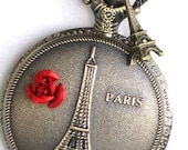 Steampunk - FROM PARIS With LOVE Pocket Watch - Large - Necklace - Antique Brass - Red Rose - Neo Victorian - By GlazedBlackCherry