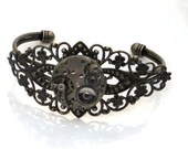 Steampunk VICTORIAN FILIGREE Jeweled Watch Movement - Bracelet Cuff - Gears and Cogs - Antique Brass - By GlazedBlackCherry