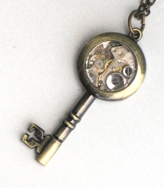 Steampunk - SKELETON KEY - Pendant Necklace - Jeweled Watch Movement - Gears and Cogs - Antique Brass - Neo Victorian - By GlazedBlackCherry