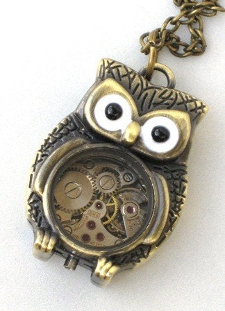 Steampunk - Time Flys MR OWL Pendant- Jeweled Watch Movement - Gears and Cogs - Antique Brass - Neo Victorian - By GlazedBlackCherry