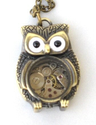 Steampunk - Time Flys MR OWL Pendant- Jeweled Watch Movement - Gears and Cogs - Antique Brass - Neo Victorian - By GlazedBlackCherry
