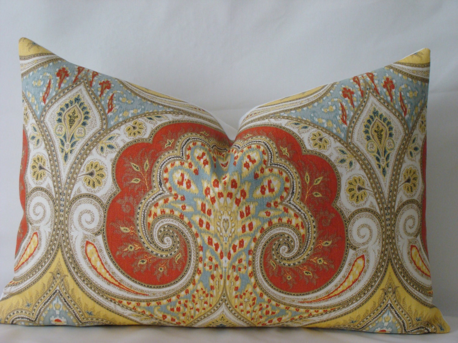 Kravet Latika Festival Ikat print - 13 x 20 Decorative Designer Lumbar Pillow Cover - Poppy Red,Yellow,Blue and Taupe