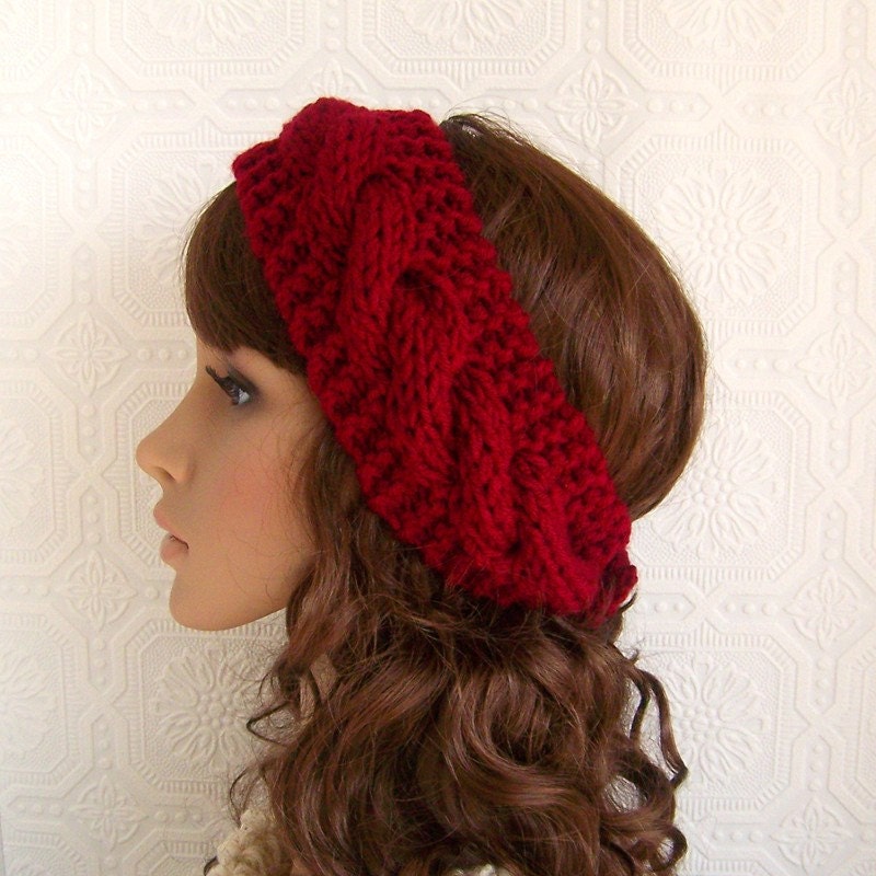 Hand knit headband, head wrap, ear warmer - cranberry - winter accessories  - winter fashion handmade by Sandy Coastal Designs