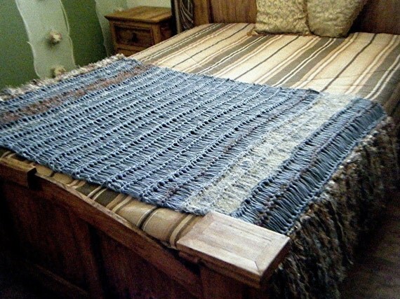 Faded Denim Blue Brown Cream Tan STRIPE Fringe Home Decor Throw Blanket, Knit Afghan