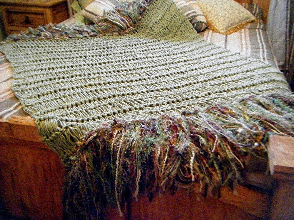 Taupe Brown Rustic Home Decor Throw Blanket with Green, Cream in Fringe. Afghan Lap Warmer for Chaise Lounge, Hand Knit