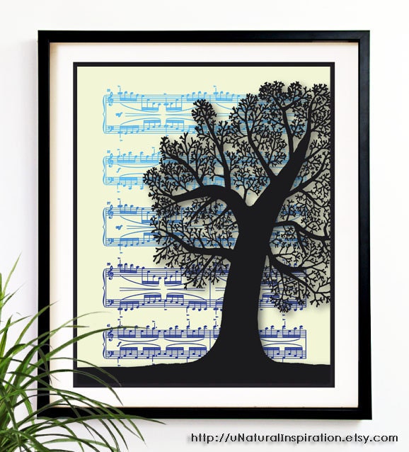 20% OFF Sale Valentines gift Music and Trees Art print. Wall tree decorations Modern tree wall hanging Tree wall art (5105)
