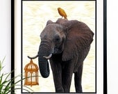 20% OFF Sale. Best friends Elephant and bird jungle animal safari 8x10 (1015)