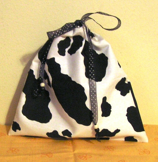 Black and White Cow Fabric Drawstring Bag