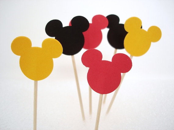 24 Decorative Red Black Yellow Mickey Mouse party picks, toothpicks, food picks, cupcake toppers - No720
