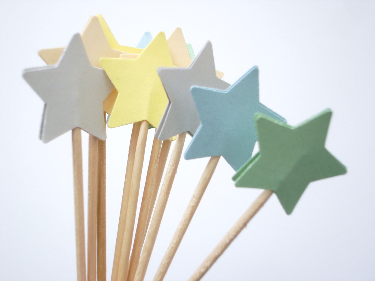 24 Mixed Pastel Yellow Blue Gray Green Ivory Star Party Picks, Cupcake Toppers, Food Picks, Toothpicks, Drink Picks - No619